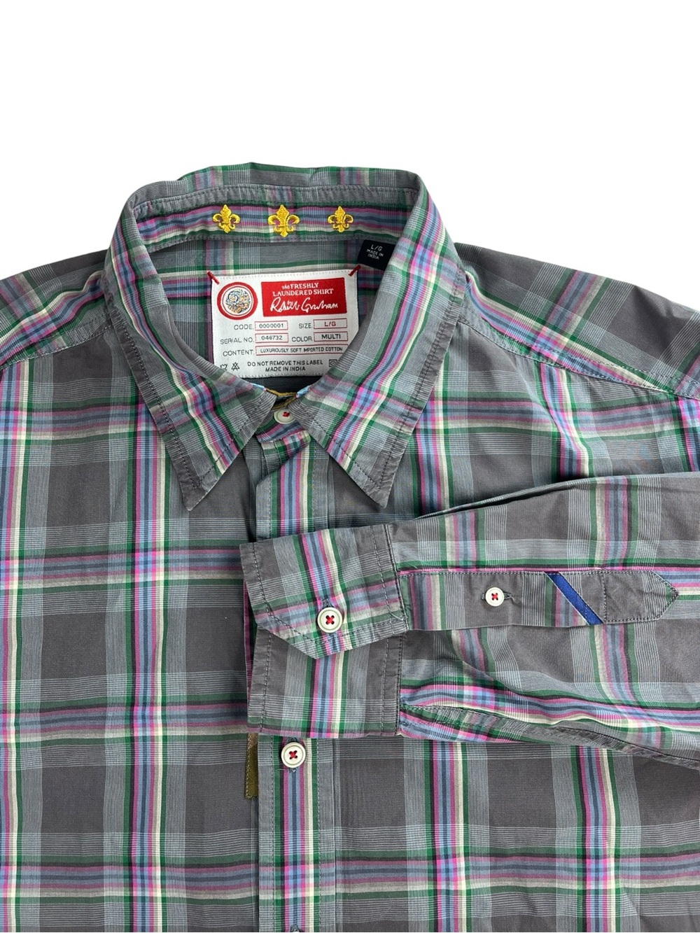 Robert Graham Freshly Laundered Plaid Button Up Shirt Gray Pink Green Mens Large